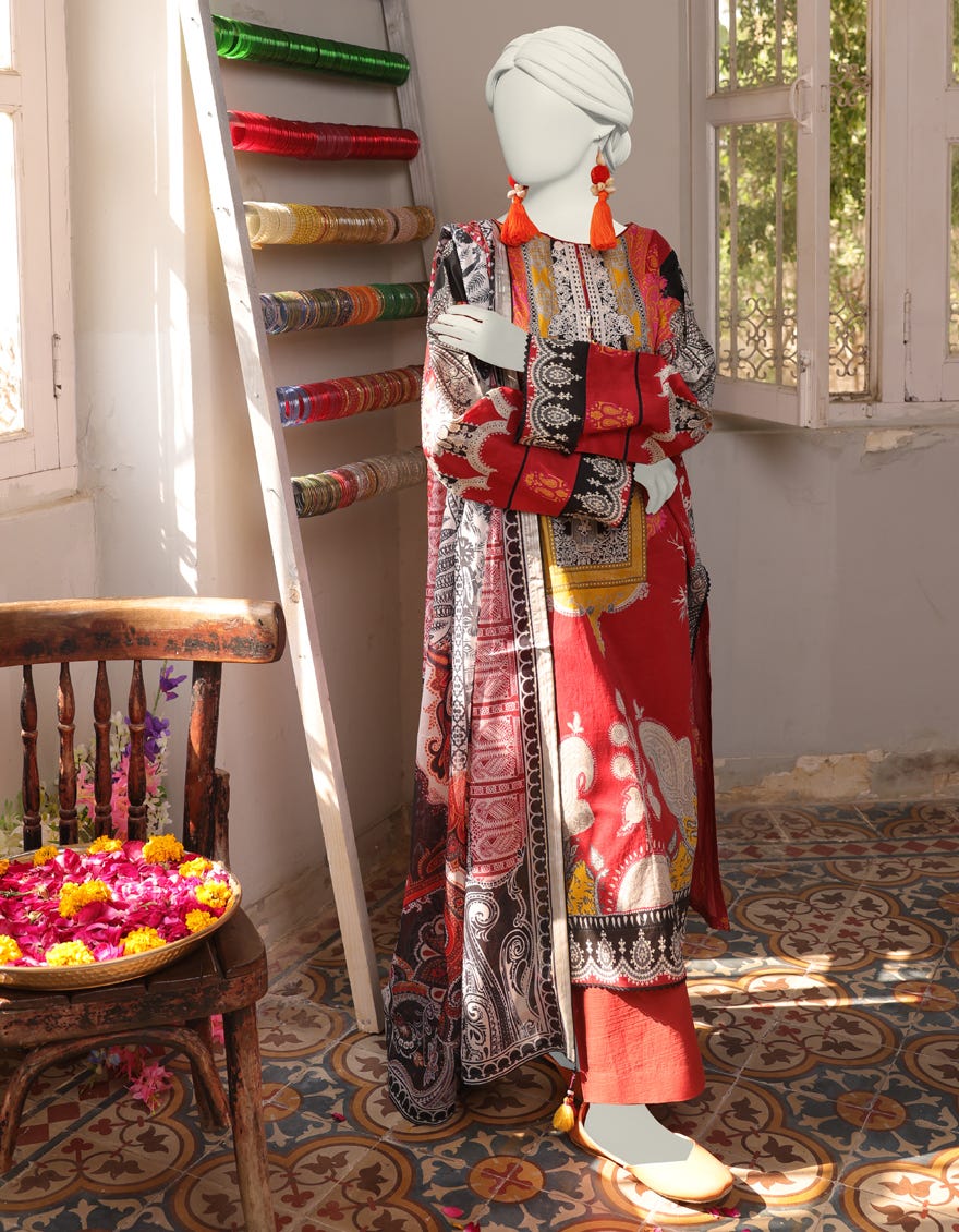 Red Dyed Lawn Stitched 3 Piece | Jlawn-S-24-398