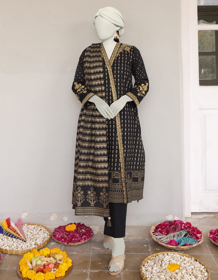 Black Cambric Stitched 3 Piece | Jlawn-S-24-400