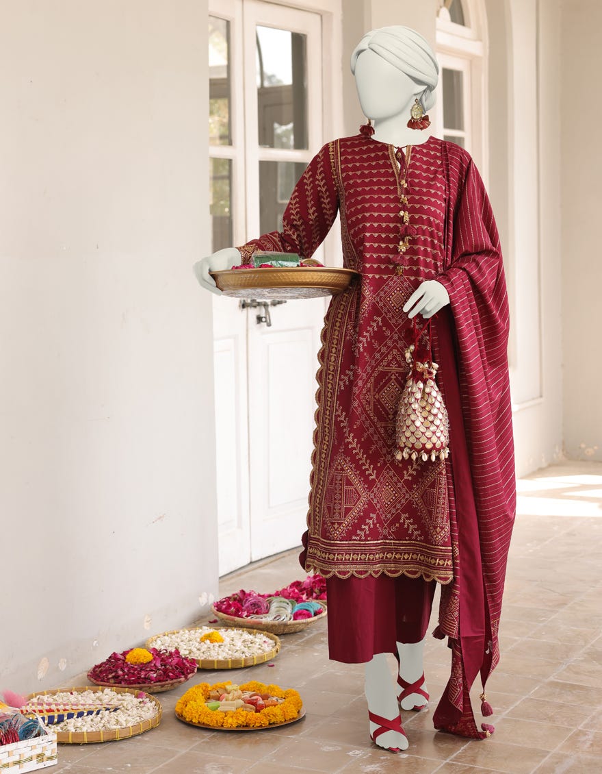 Maroon Cambric Stitched 3 Piece | Jlawn-S-24-402