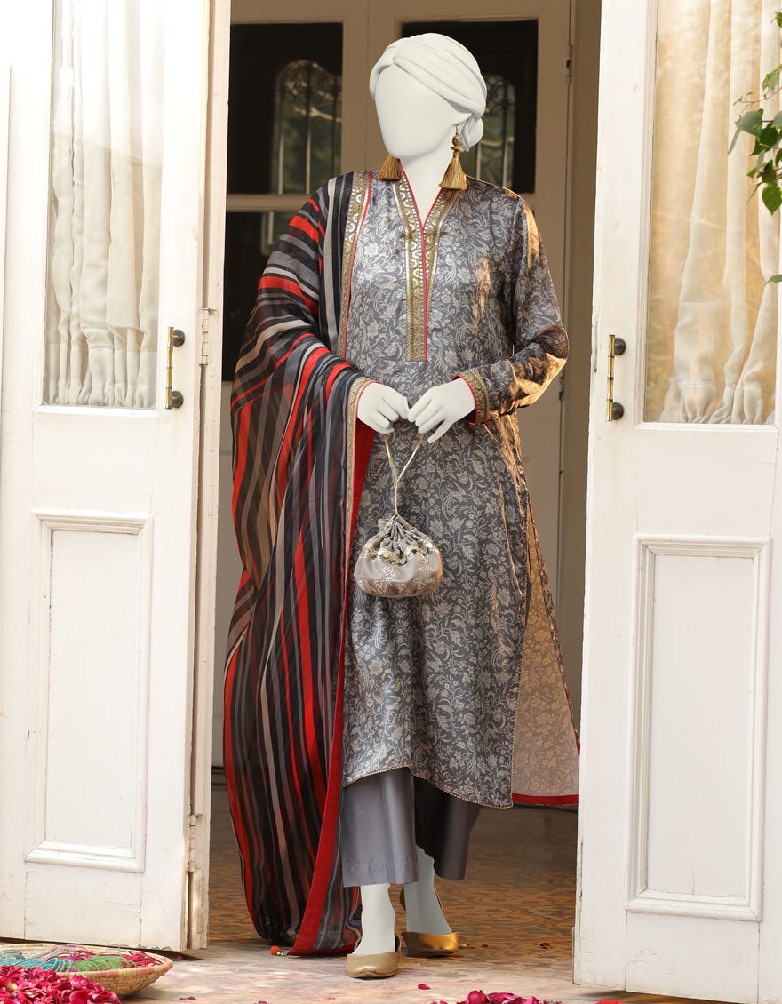 Grey Silk Stitched 3 Piece | Jlawn-S-24-405
