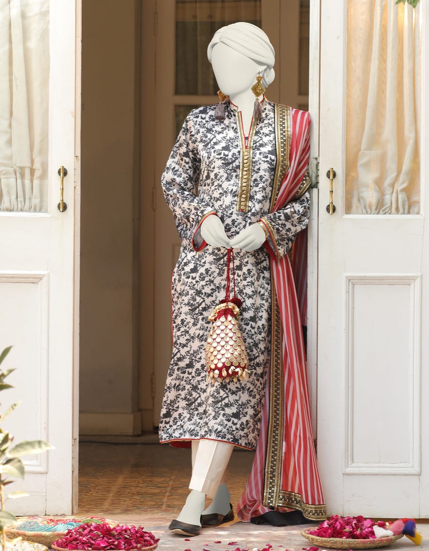 Off White Silk Stitched 3 Piece | Jlawn-S-24-406