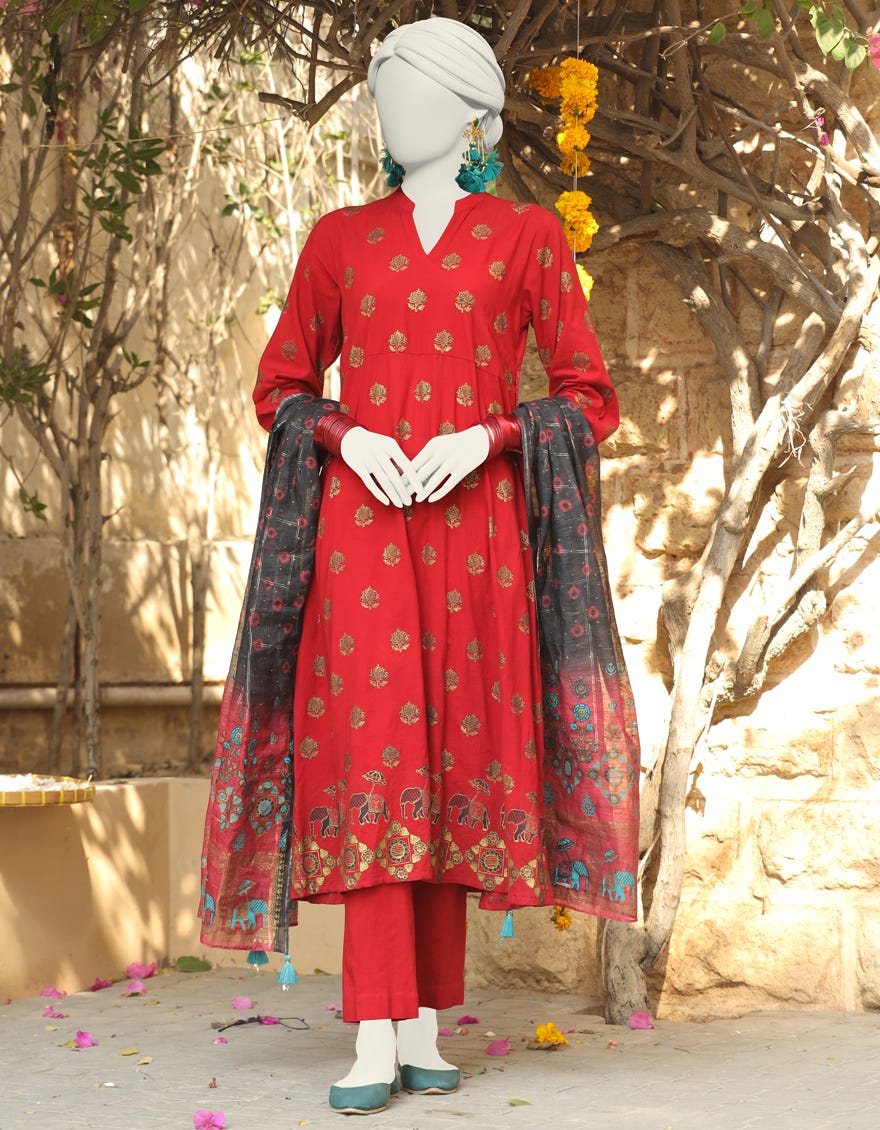Red Lawn Stitched 3 Piece | Jlawn-S-24-444