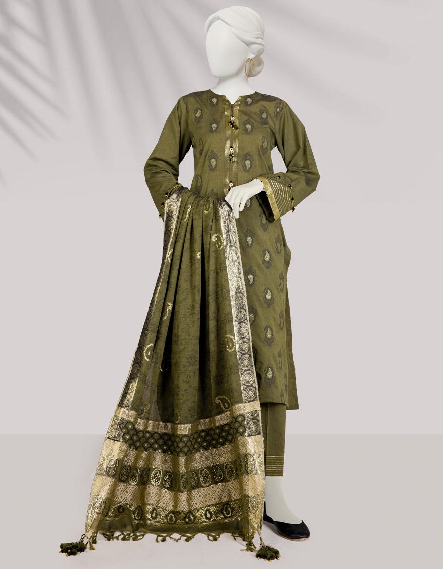 Green Handwoven Jacquard Unstitched 3 Piece Dress | Jlawn-S-24-445
