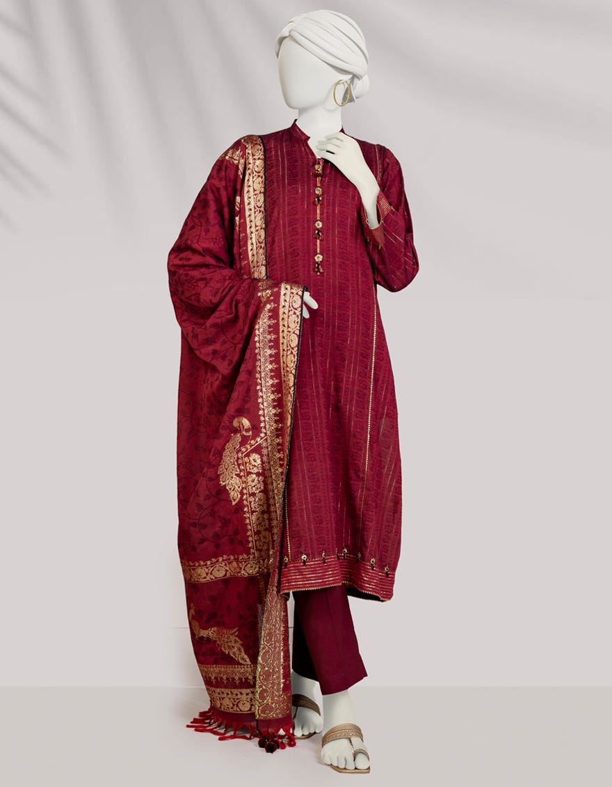 Maroon Handwoven Jacquard Unstitched 3 Piece Dress | Jlawn-S-24-446