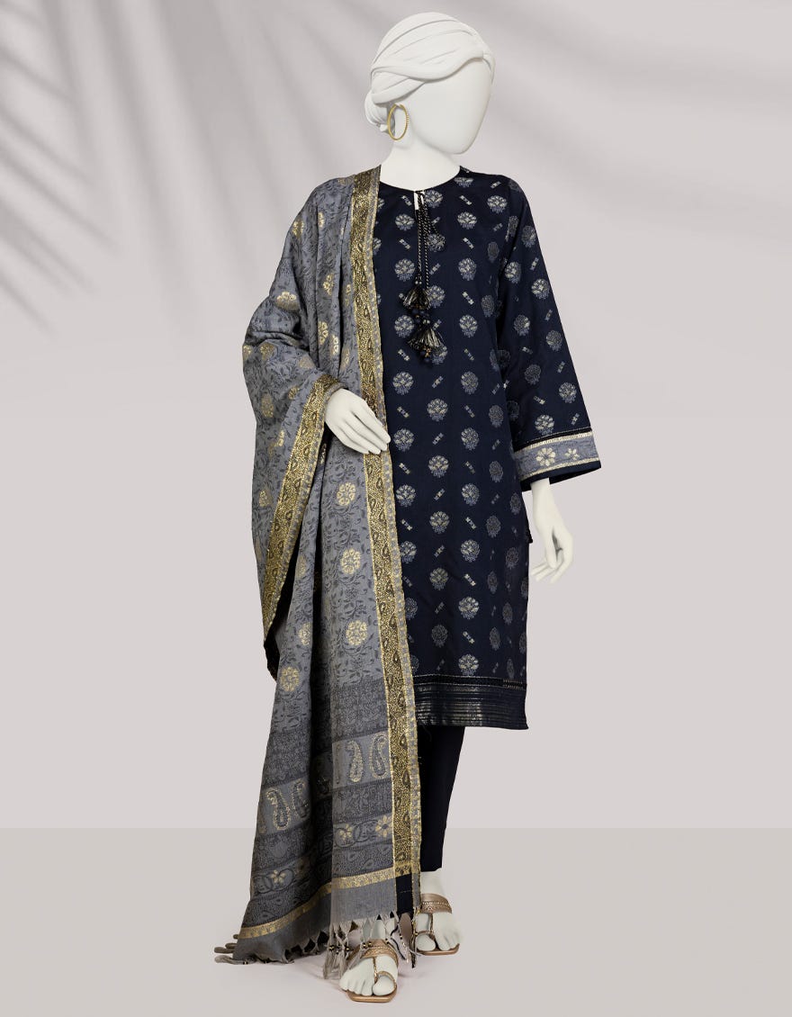 Black-Grey Jacquard Unstitched 3 Piece Dress | Jlawn-S-24-447