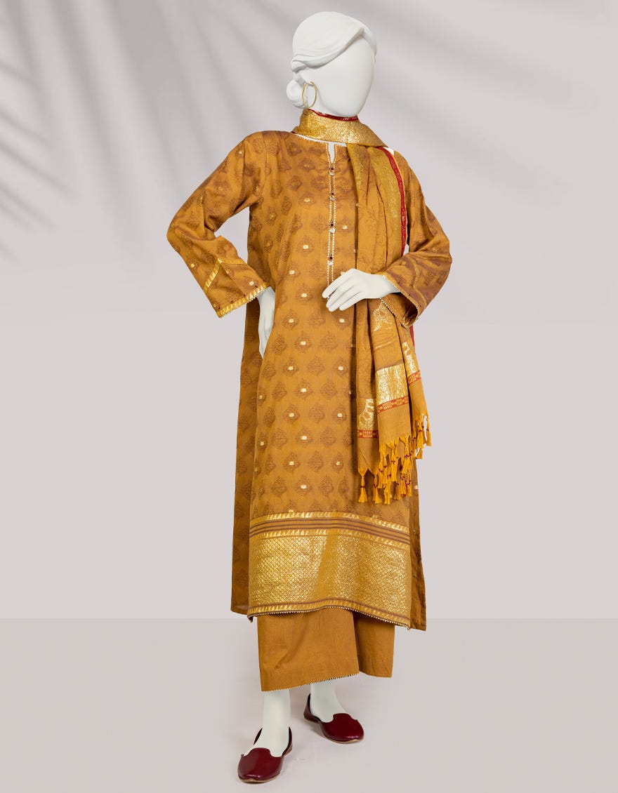 Mustard Handwoven Jacquard Unstitched 3 Piece Dress | Jlawn-S-24-448