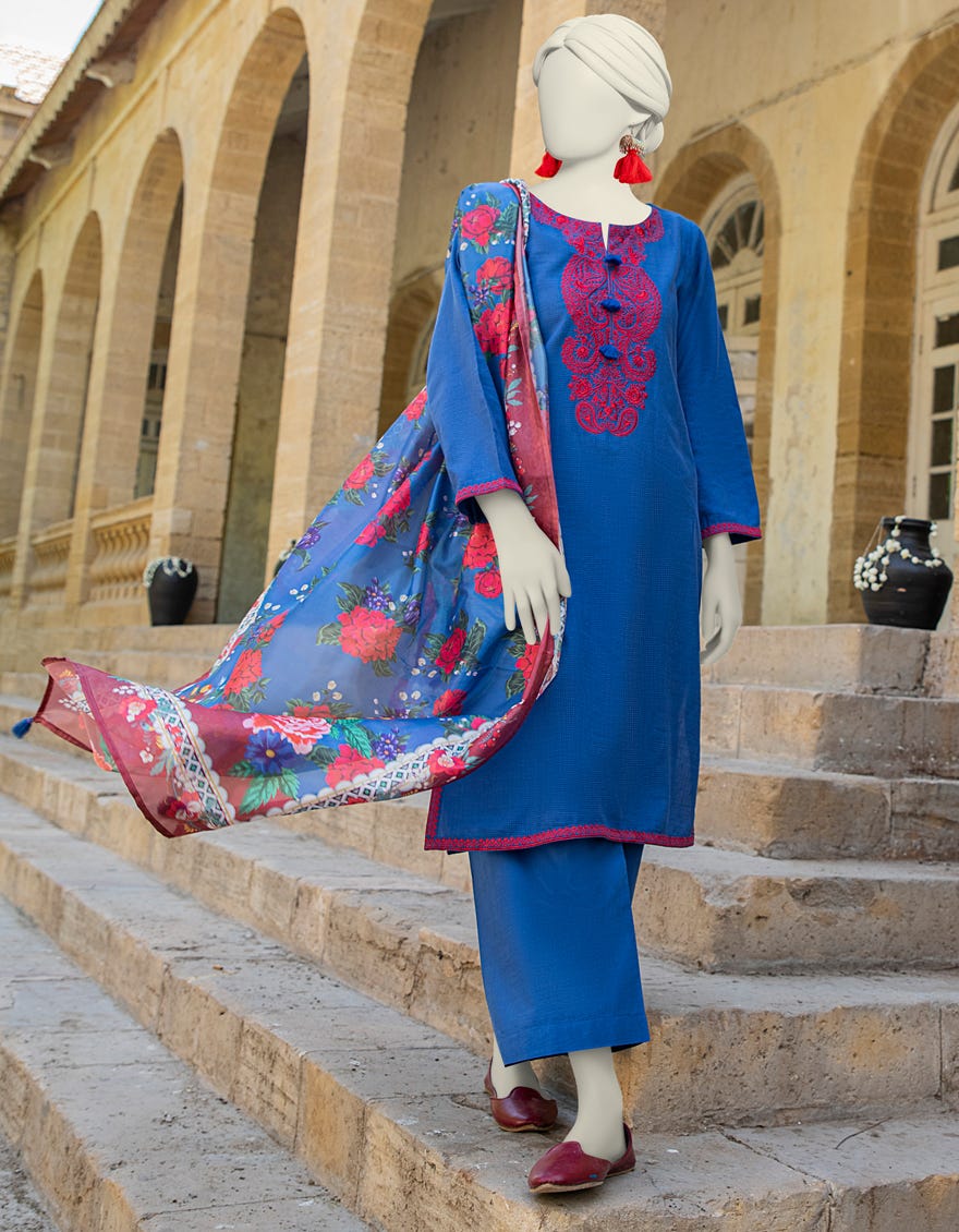 Blue Textured 3 Piece Stitched Dress | Jlawn-S-24-449