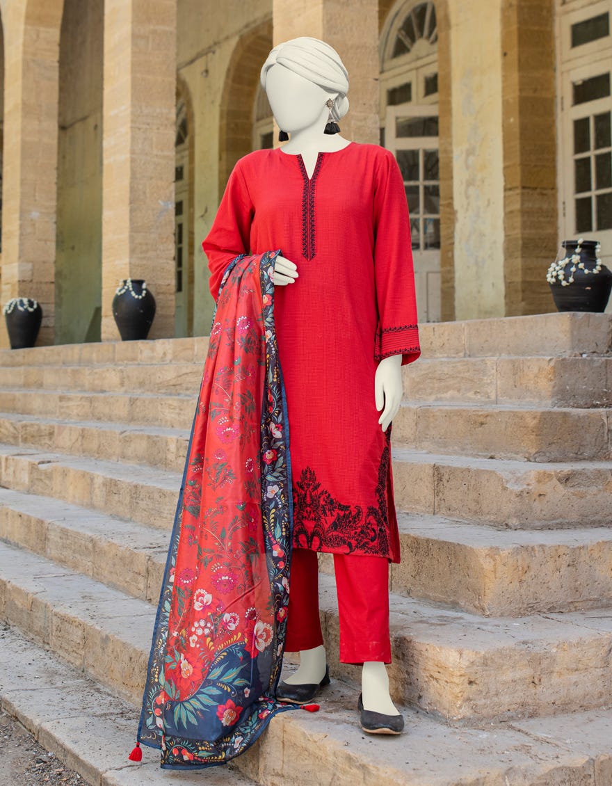 Red Textured 3 Piece Stitched Dress | Jlawn-S-24-450