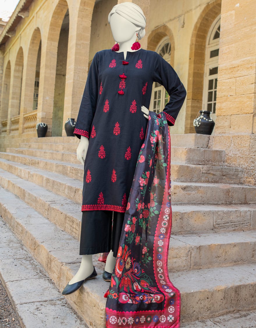 Black Textured 3 Piece Stitched Dress | Jlawn-S-24-451