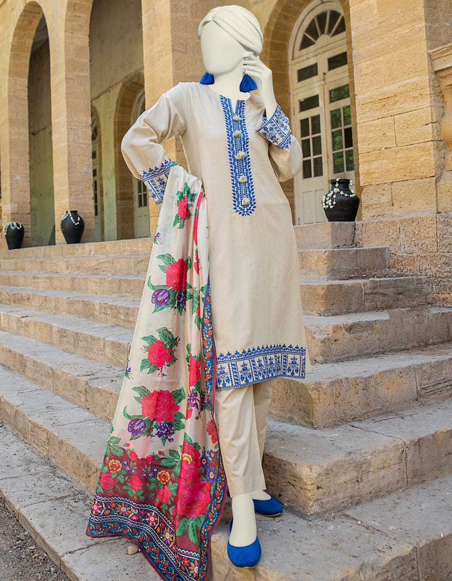 Beige Textured 3 Piece Stitched Dress | Jlawn-S-24-452