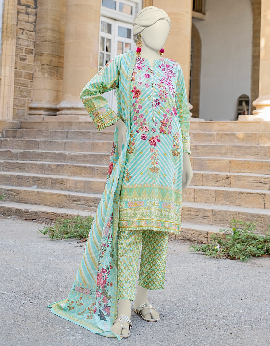 Green Printed 3 Piece Stitched Dress | Jlawn-S-24-461