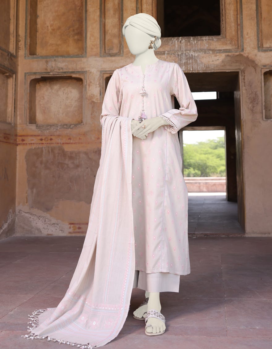 Beige Jacquard Unstitched 3 Piece Dress | Jlawn-S-24-469