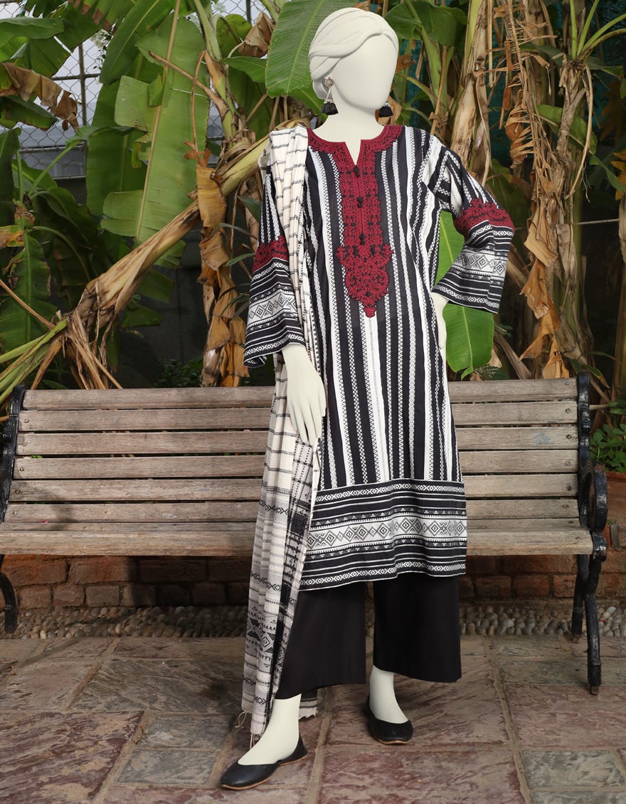 Black Cotton 3 Piece Stitched Dress | Jlawn-S-24-475