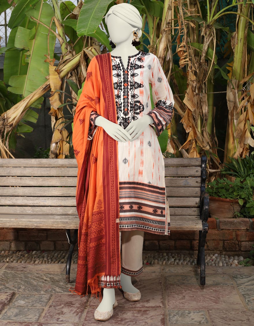 Off White Cotton 3 Piece Stitched Dress | Jlawn-S-24-476