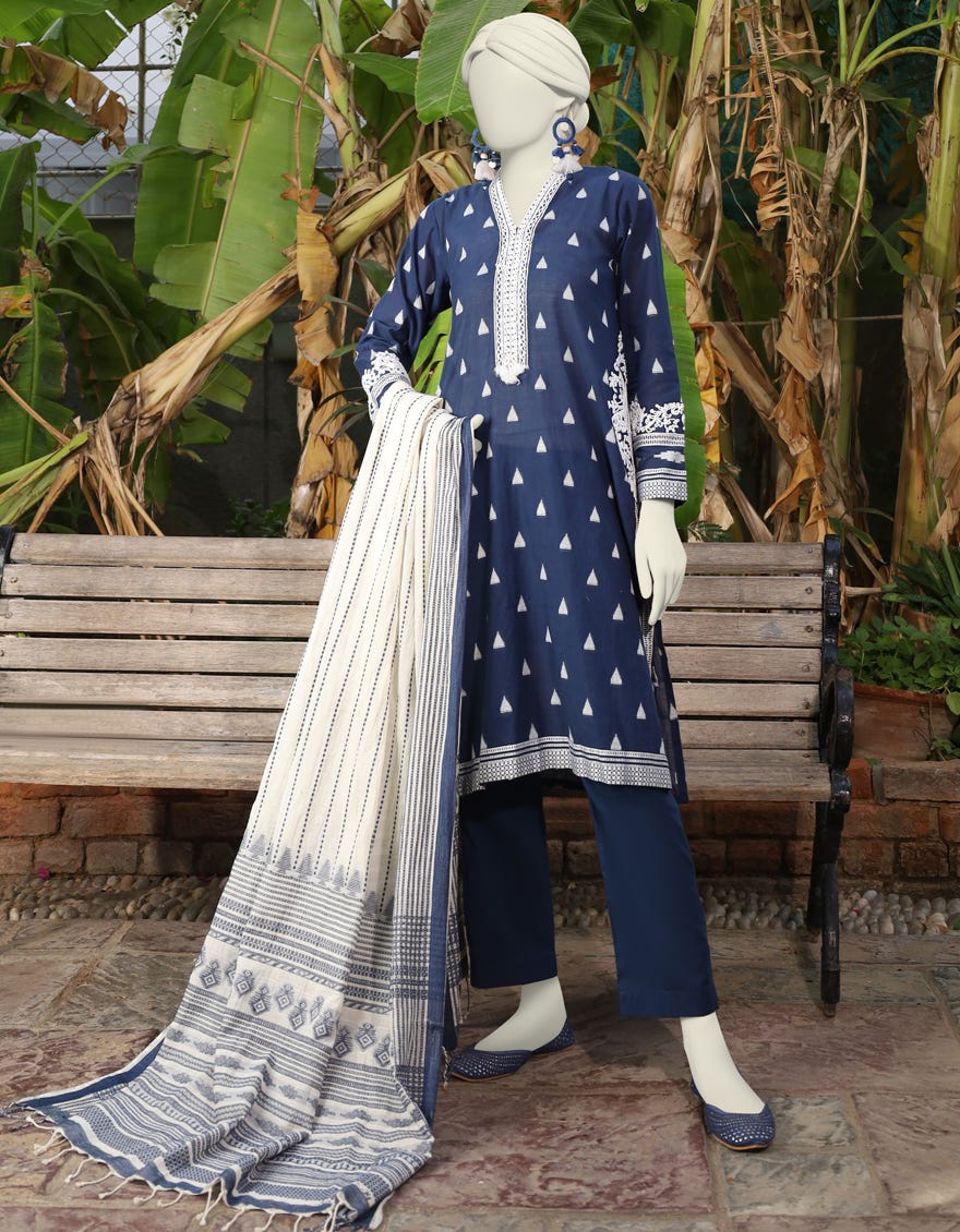 Blue Cotton 3 Piece Stitched Dress | Jlawn-S-24-477