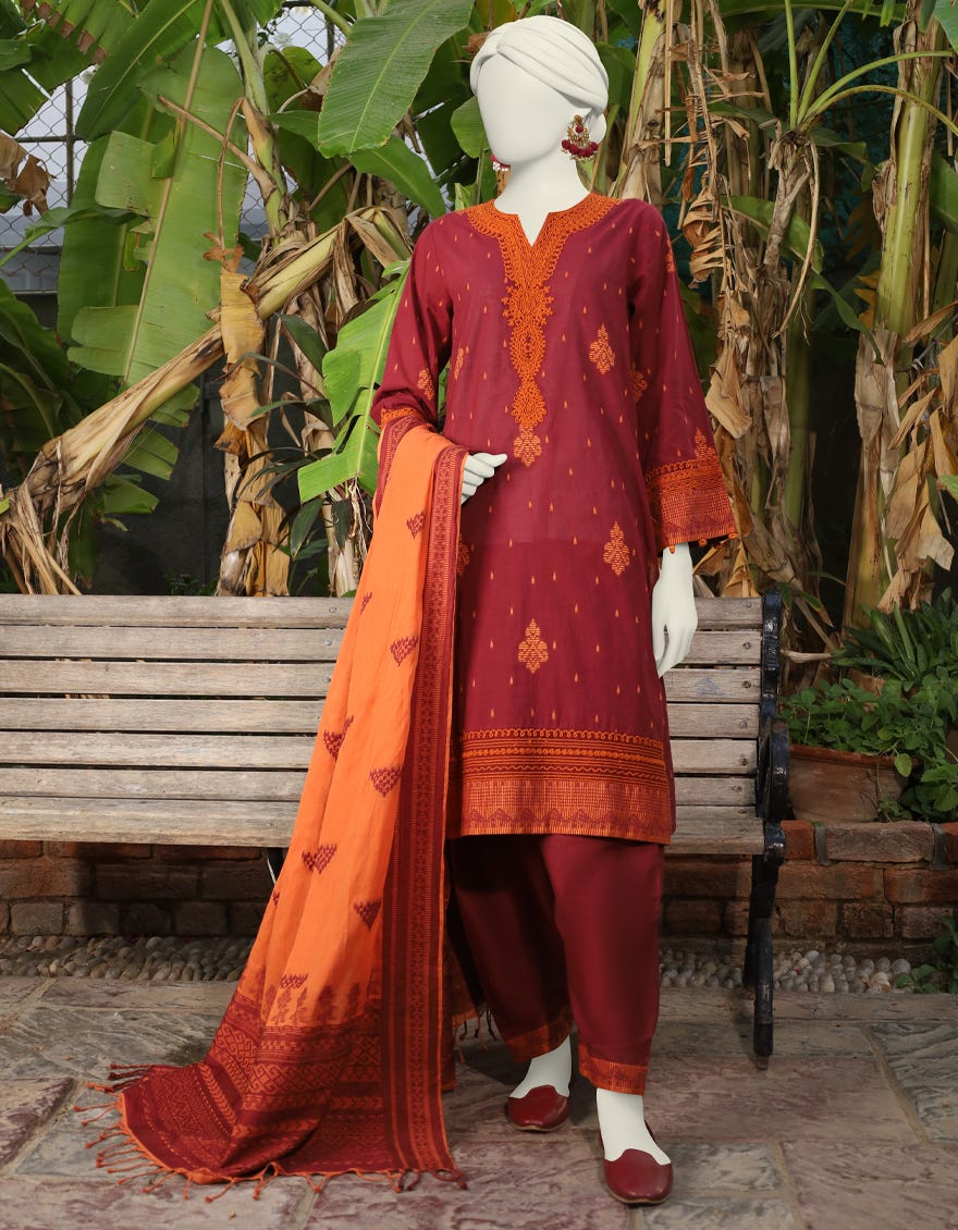 Maroon Cotton 3 Piece Stitched Dress | Jlawn-S-24-478