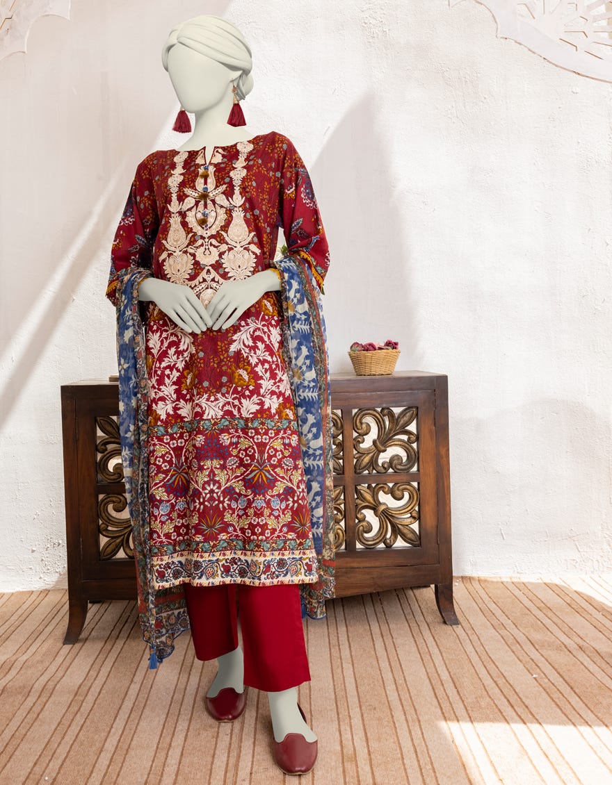 Red Printed 3 Piece Stitched Dress | Jlawn-S-24-479
