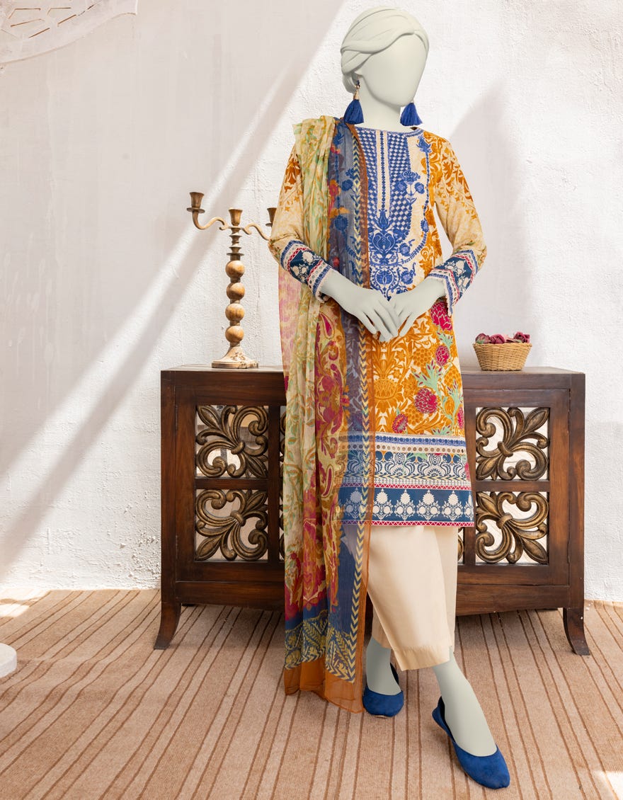 Multicolor Organza 3 Piece Stitched Dress | Jlawn-S-24-480