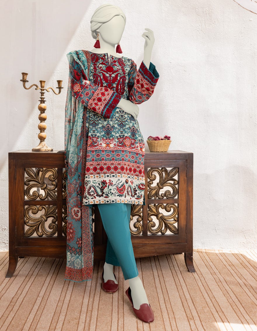 Teal Lawn 3 Piece Stitched Dress | Jlawn-S-24-481