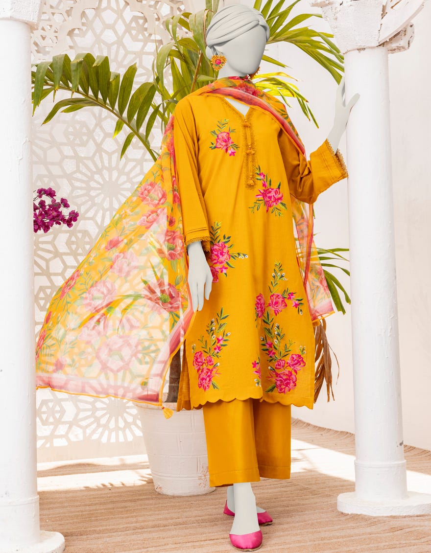 Yellow Textured 3 Piece Stitched Dress | Jlawn-S-24-483