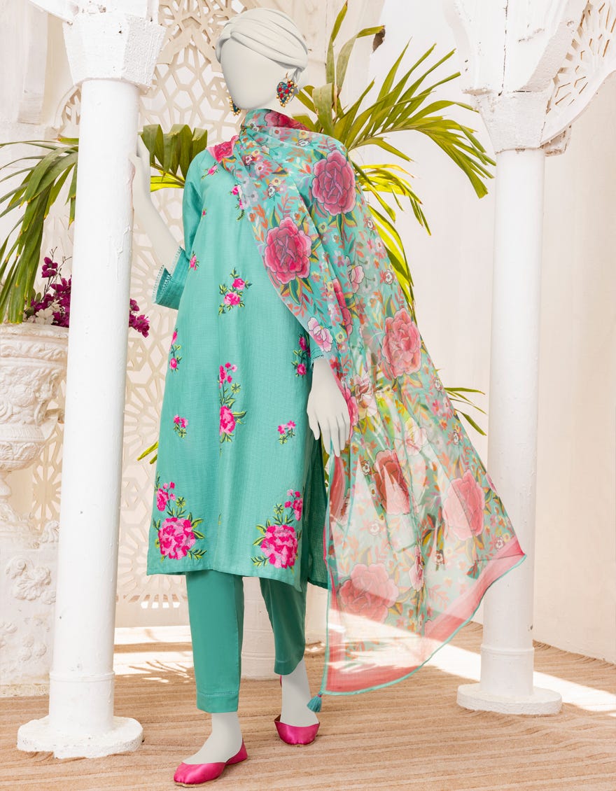 Green Textured 3 Piece Stitched Dress | Jlawn-S-24-484