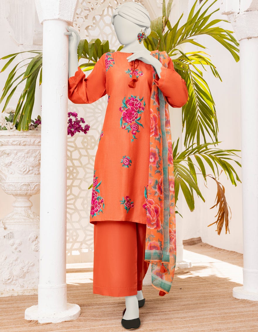Orange Textured 3 Piece Stitched Dress | Jlawn-S-24-485