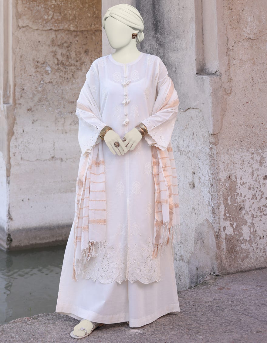 Off White Cambric Unstitched 3 Piece Dress | Jlawn-S-24-486