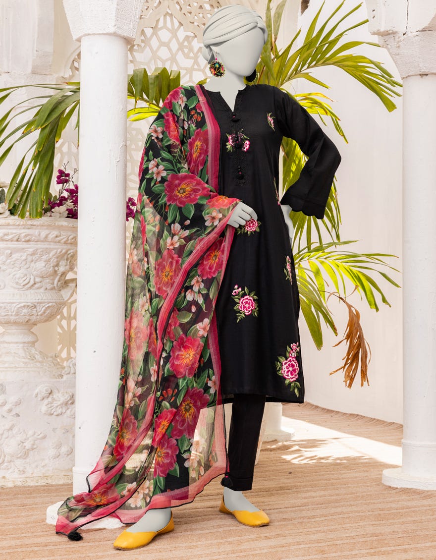 Black Textured 3 Piece Stitched Dress | Jlawn-S-24-486