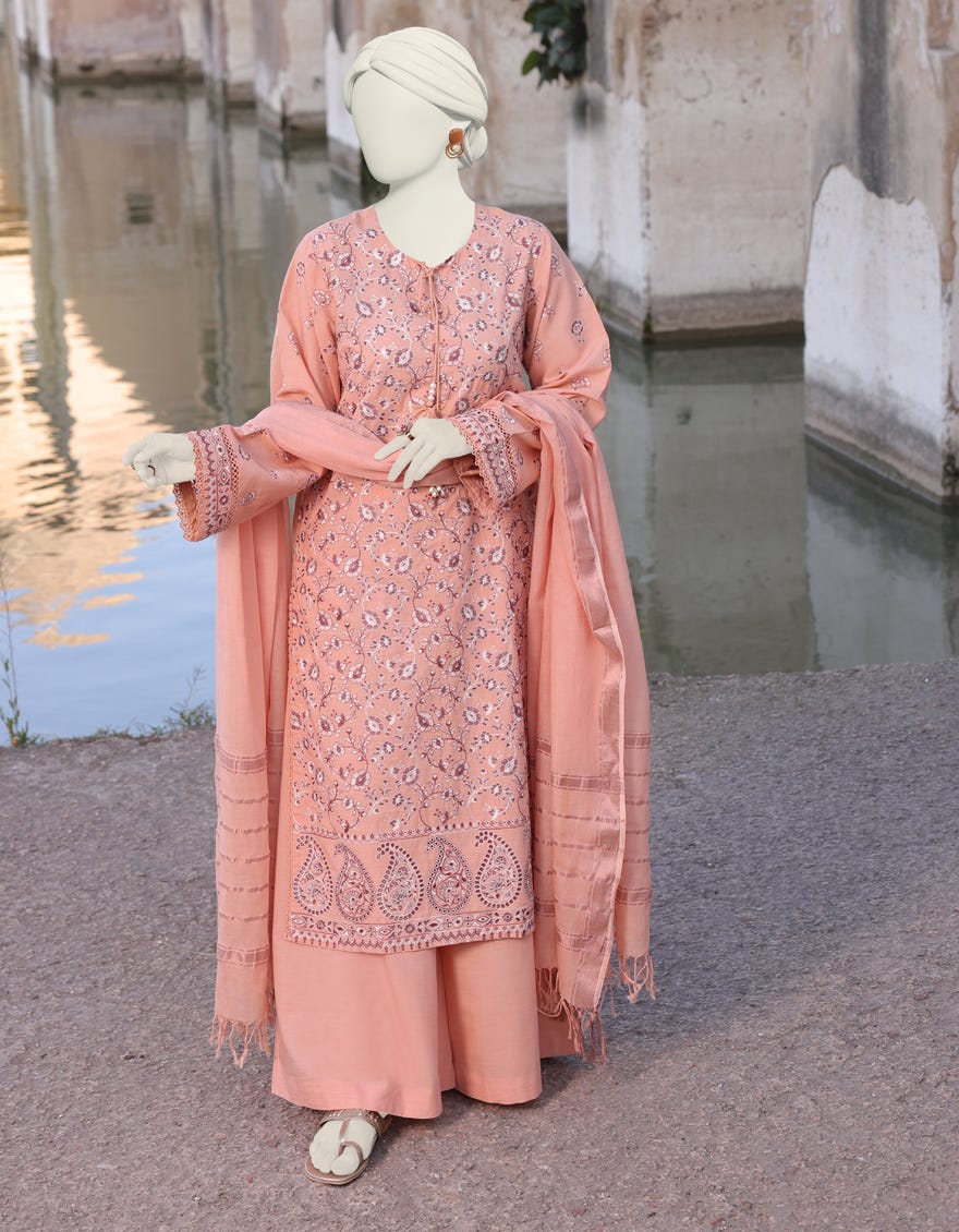 Peach Cambric Unstitched 3 Piece Dress | Jlawn-S-24-487
