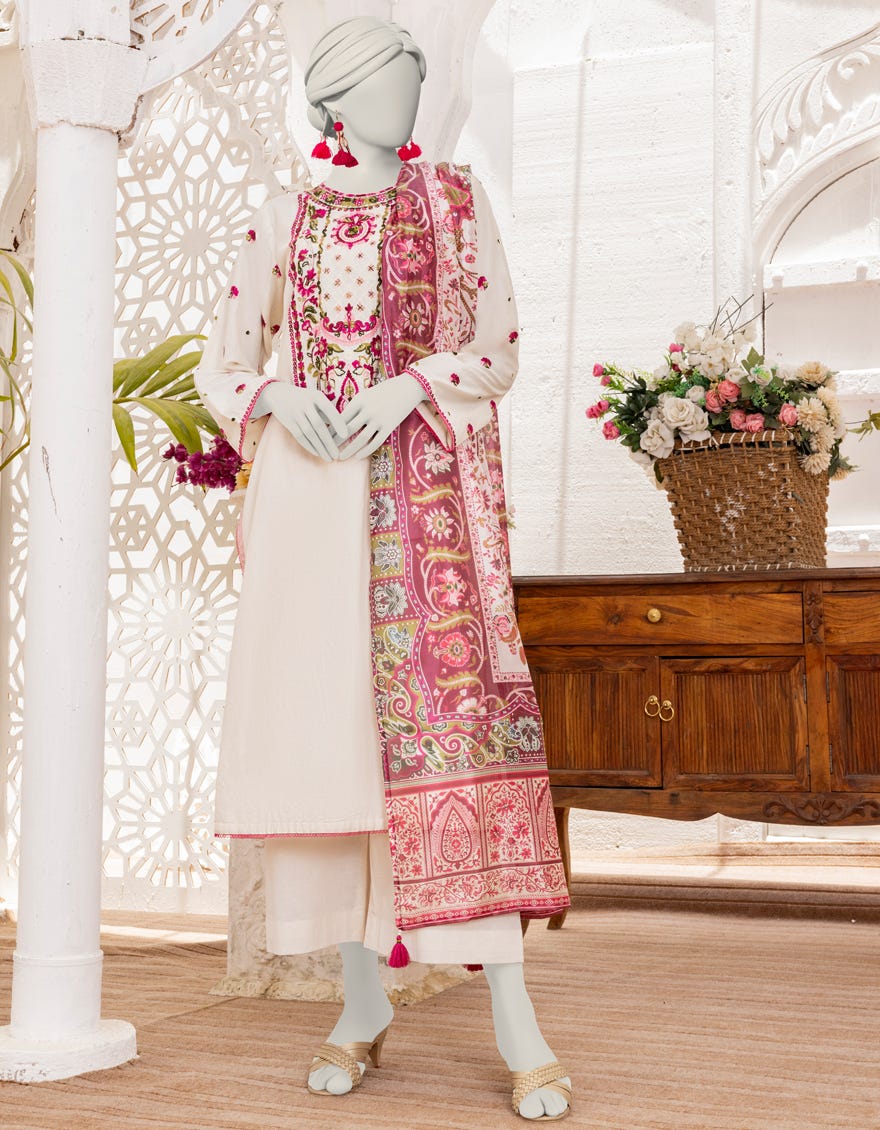Off White Lawn 3 Piece Stitched Dress | Jlawn-S-24-487