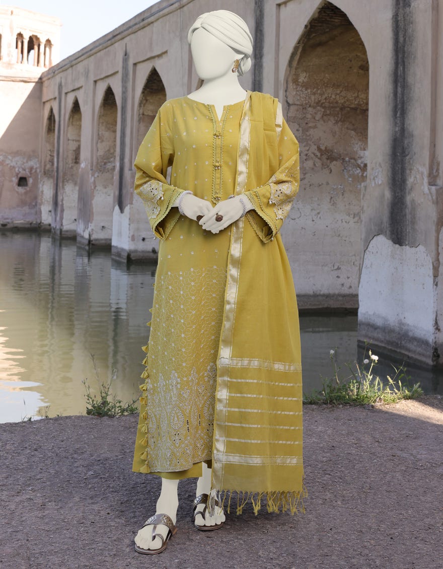 Yellow Cambric Unstitched 3 Piece Dress | Jlawn-S-24-488