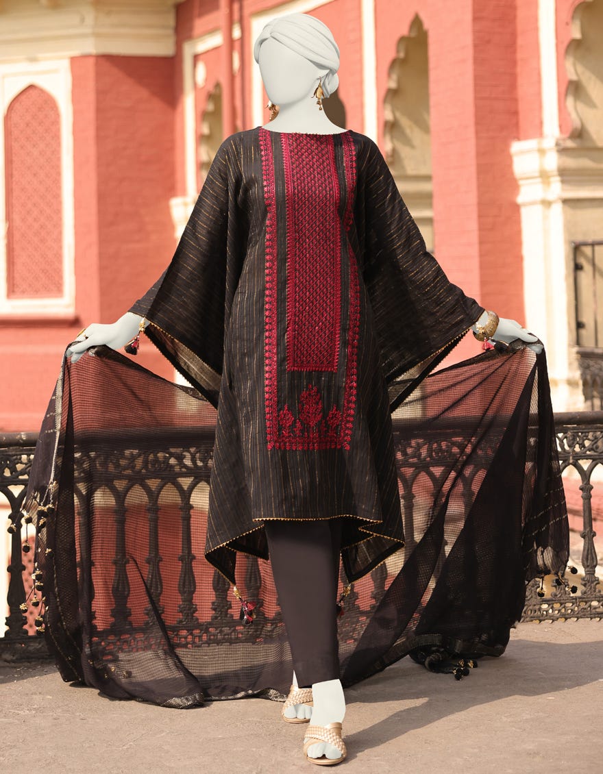 Black Doria Unstitched 3 Piece Dress | Jlawn-S-24-489