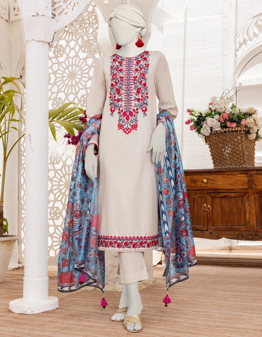 White Lawn 3 Piece Stitched Dress | Jlawn-S-24-489