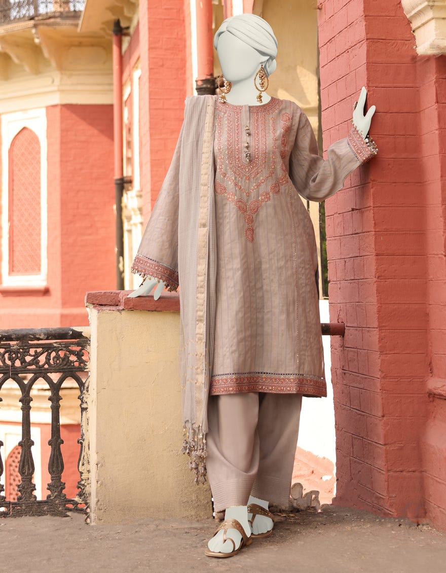 Beige Doria Unstitched 3 Piece Dress | Jlawn-S-24-490