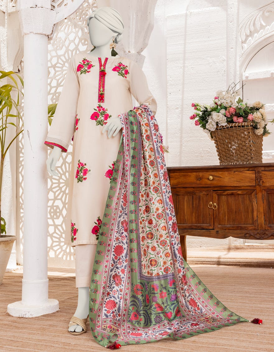 Off White Lawn 3 Piece Stitched Dress | Jlawn-S-24-490