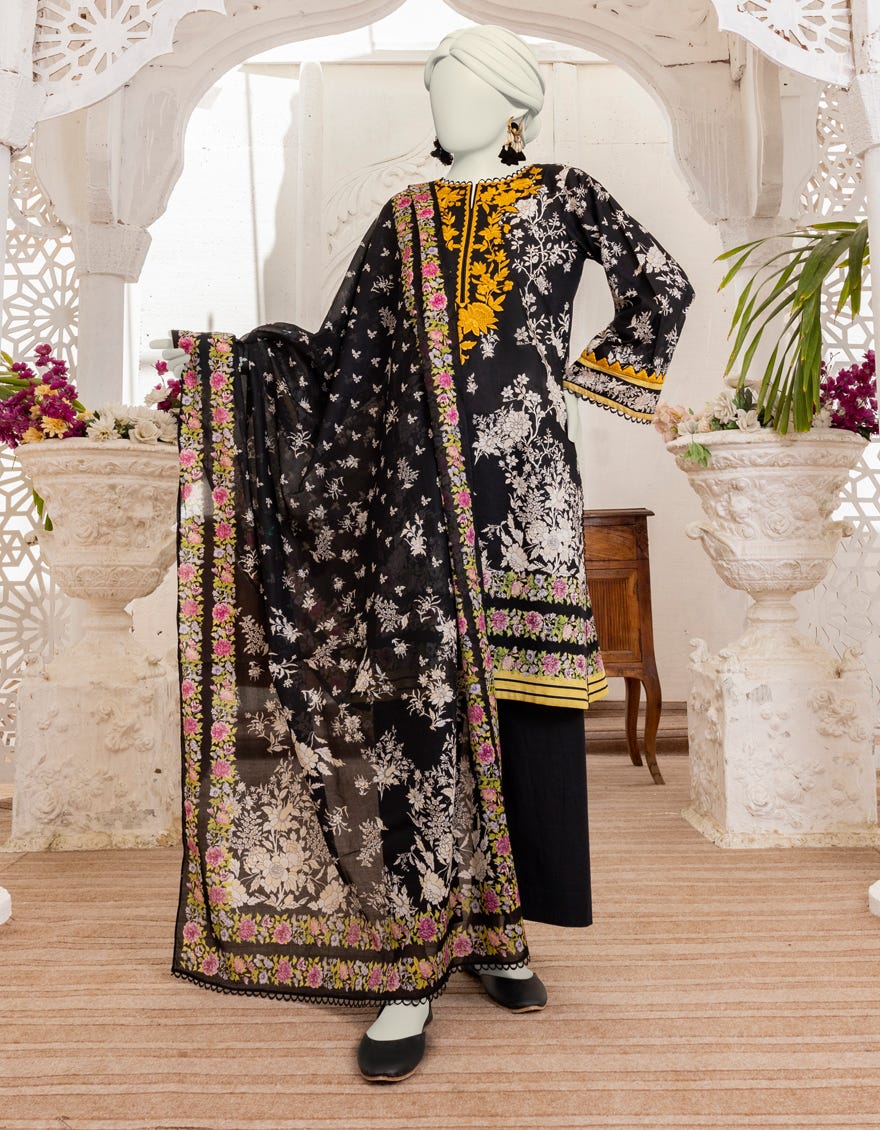 Black Cambric 3 Piece Stitched Dress | Jlawn-S-24-495