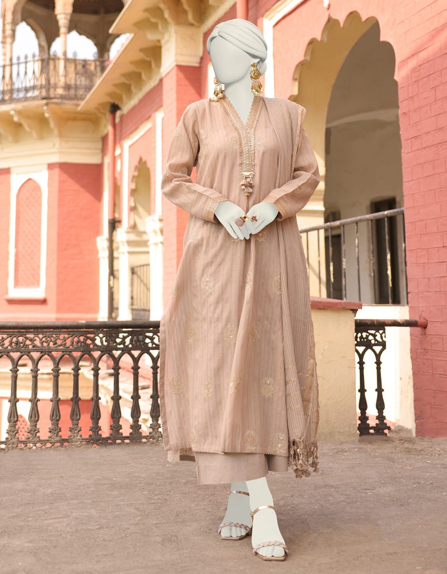 Beige Doria Unstitched 3 Piece Dress | Jlawn-S-24-496