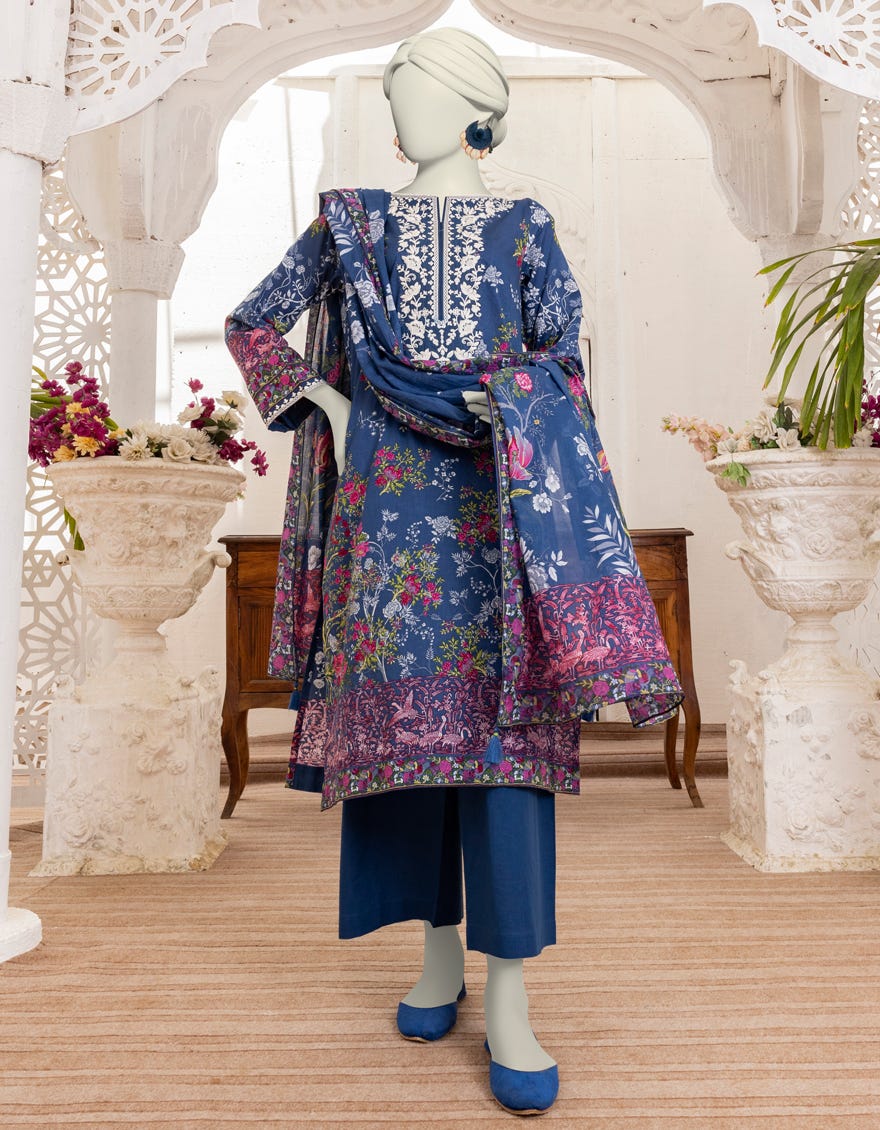 Blue Cambric 3 Piece Stitched Dress | Jlawn-S-24-497