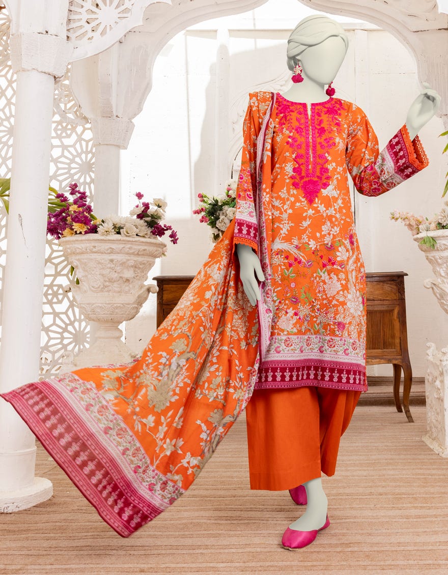 Orange Cambric 3 Piece Stitched Dress | Jlawn-S-24-498