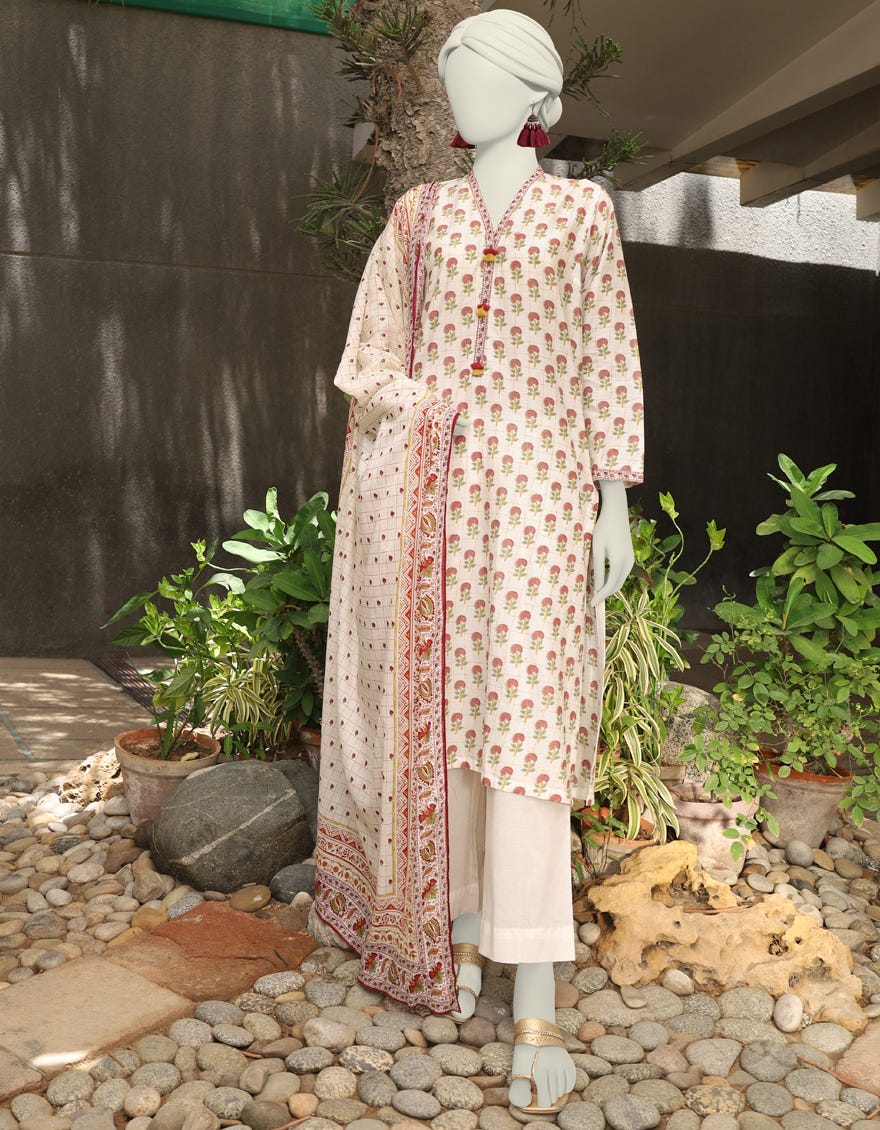 Off White Lawn 3 Piece Stitched Dress | Jlawn-S-24-521