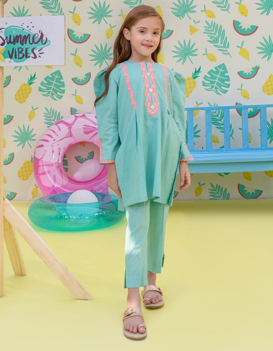 Sea Green Textured Girls 2 Piece Stitched | Jgkl-S-Jk2-24-5607