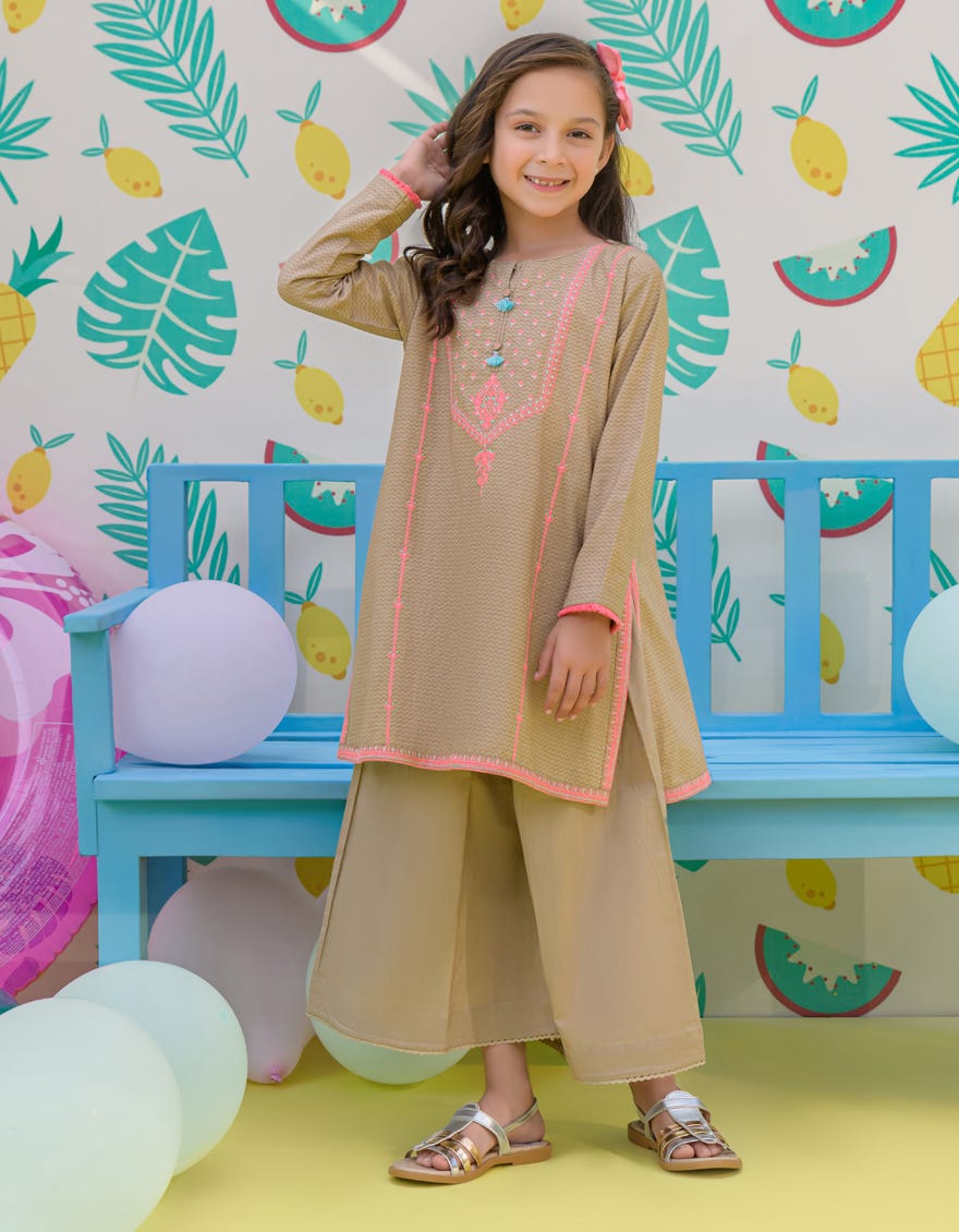 Beige Textured Girls 2 Piece Stitched | Jgkl-S-Jk2-24-5608