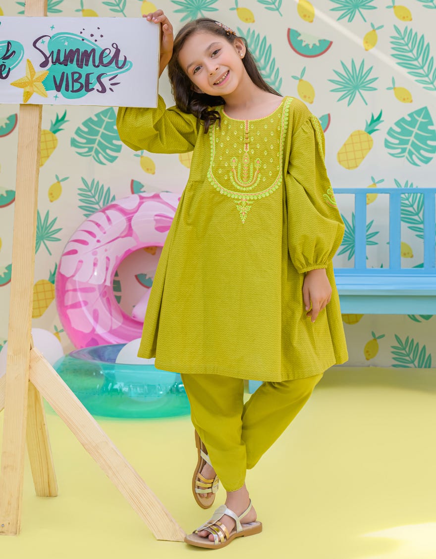 Green Textured Girls 2 Piece Stitched | Jgkl-S-Jk2-24-5609