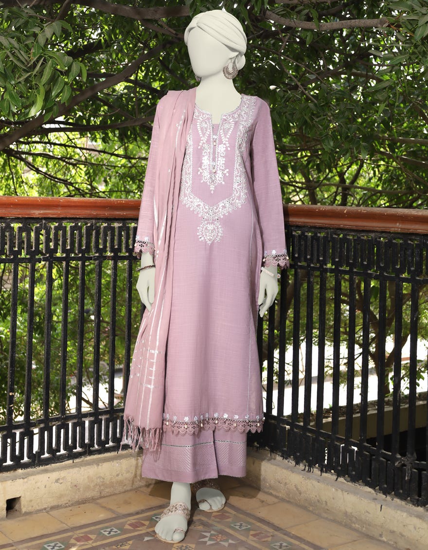 PINK SLUB UNSTITCHED 3PC | JLAWN-S-24-607