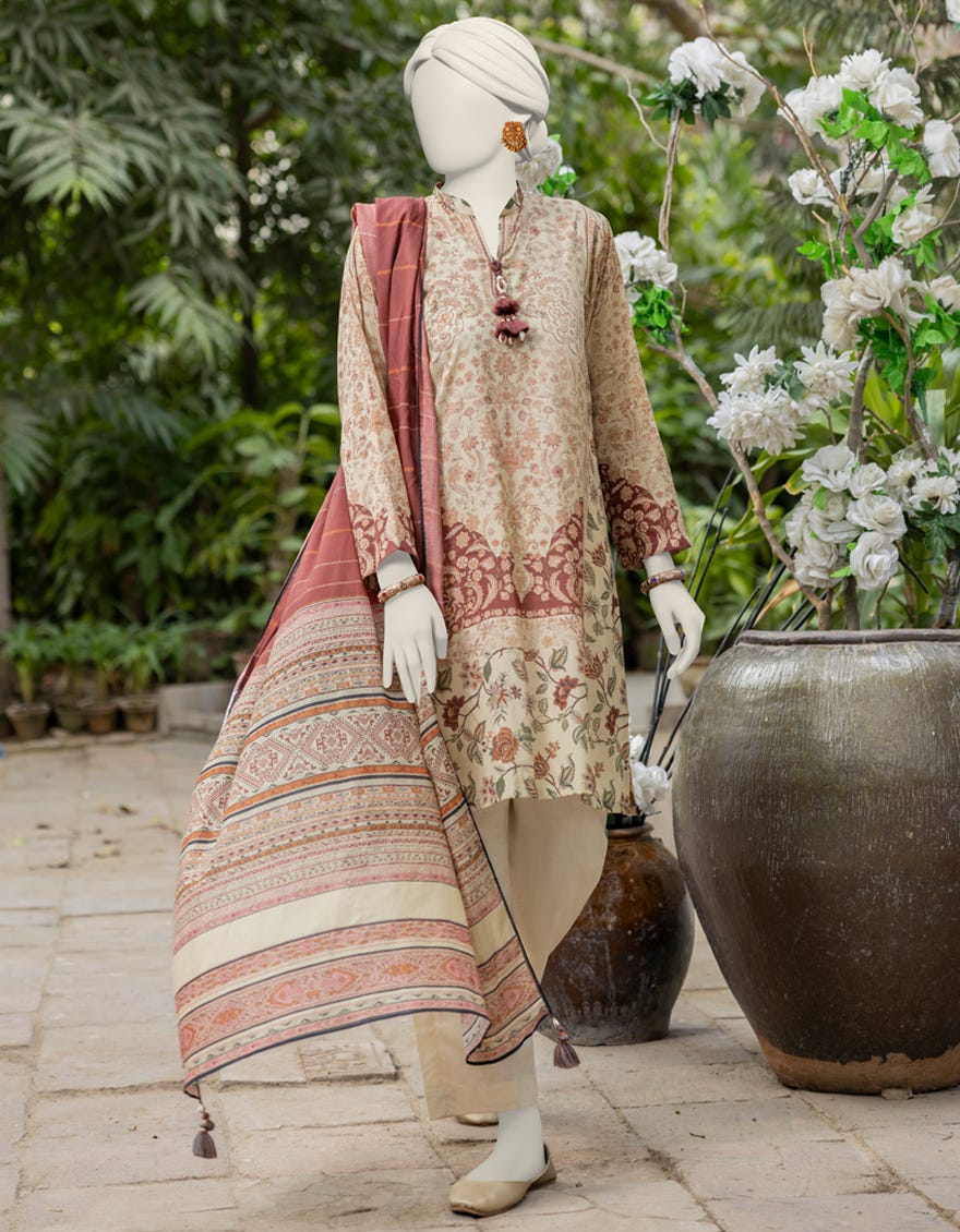Off White Lawn Printed Unstitched 2 Piece Dress | Jjls-S-Jw2-24-7004