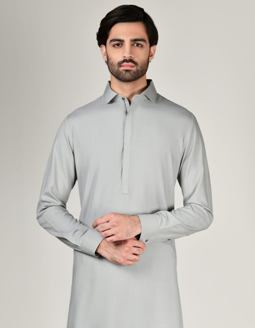 Smoke Grey Blended Men's Kameez Shalwar | Jjks-A-34804