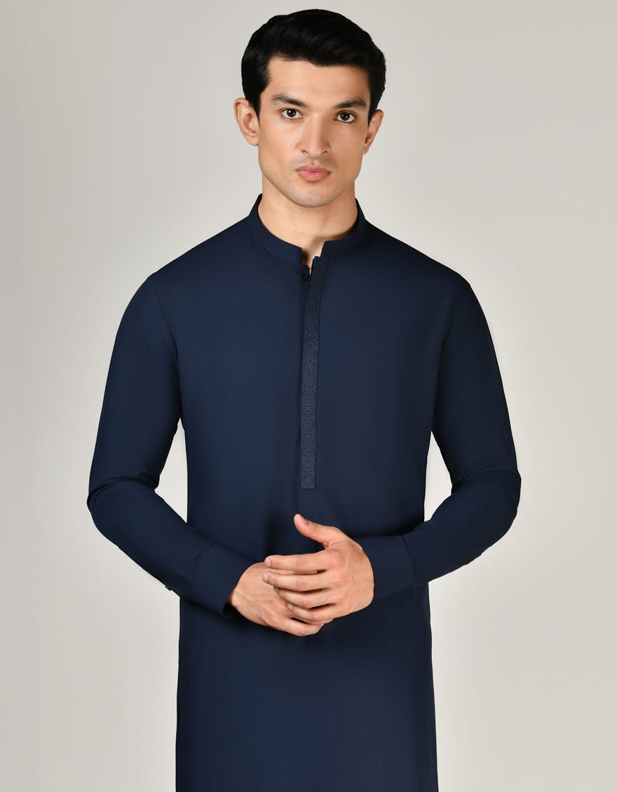 Navy Blue Blended Men's Kameez Shalwar | Jjks-S-37901