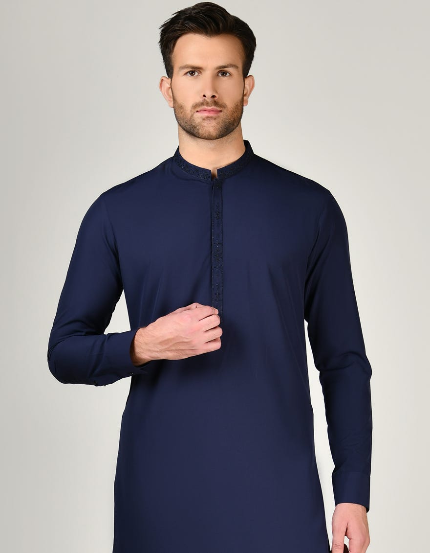 Navy Blue Blended Men's Kameez Shalwar | Jjks-A-37898