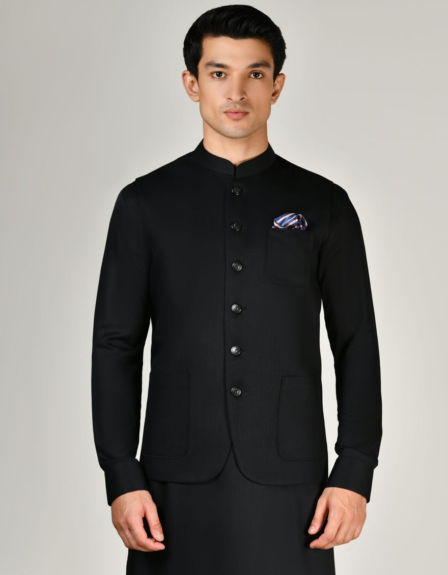 Black Blended Kameez Shalwar+Waistcoat | Jjksvc-A-47267