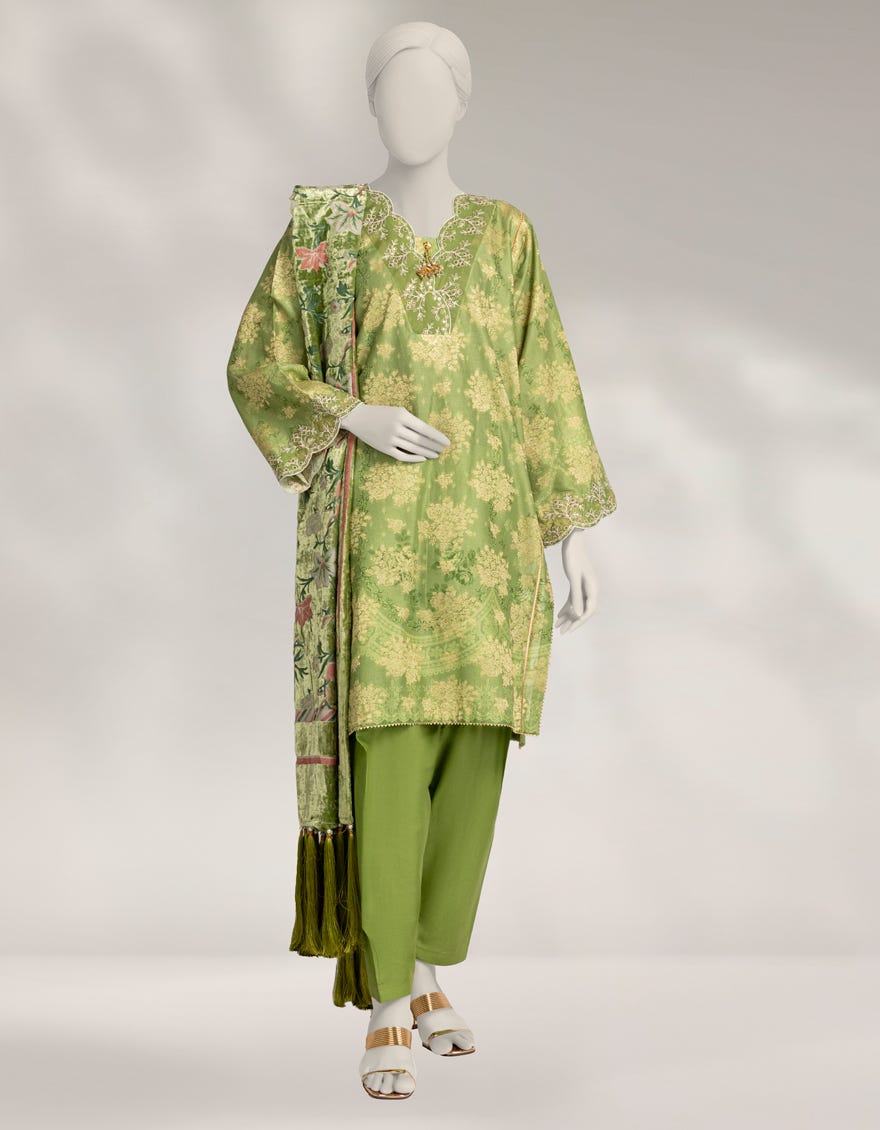 GREEN JACQUARD EMBROIDERED 3PC STITCHED